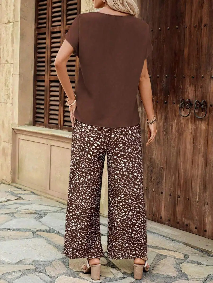 Women's Spring and Summer Fashion Round Neck T-Shirt + Small Floral Print Wide-Leg Pants Set