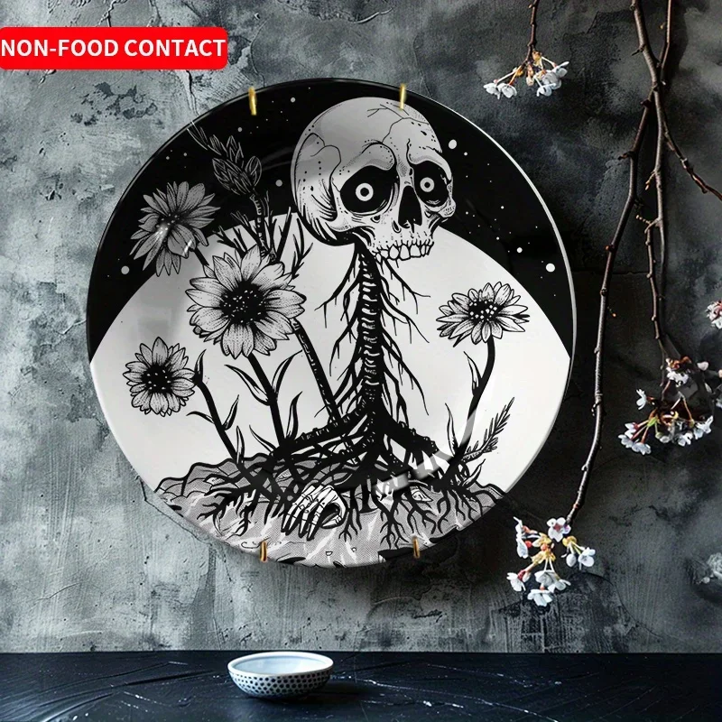 1pc Black White Hand Drawn Skeleton Floral Ceramic Decorative Plate Gothic Home Decor Non-Food Contact Art DishFor home, living