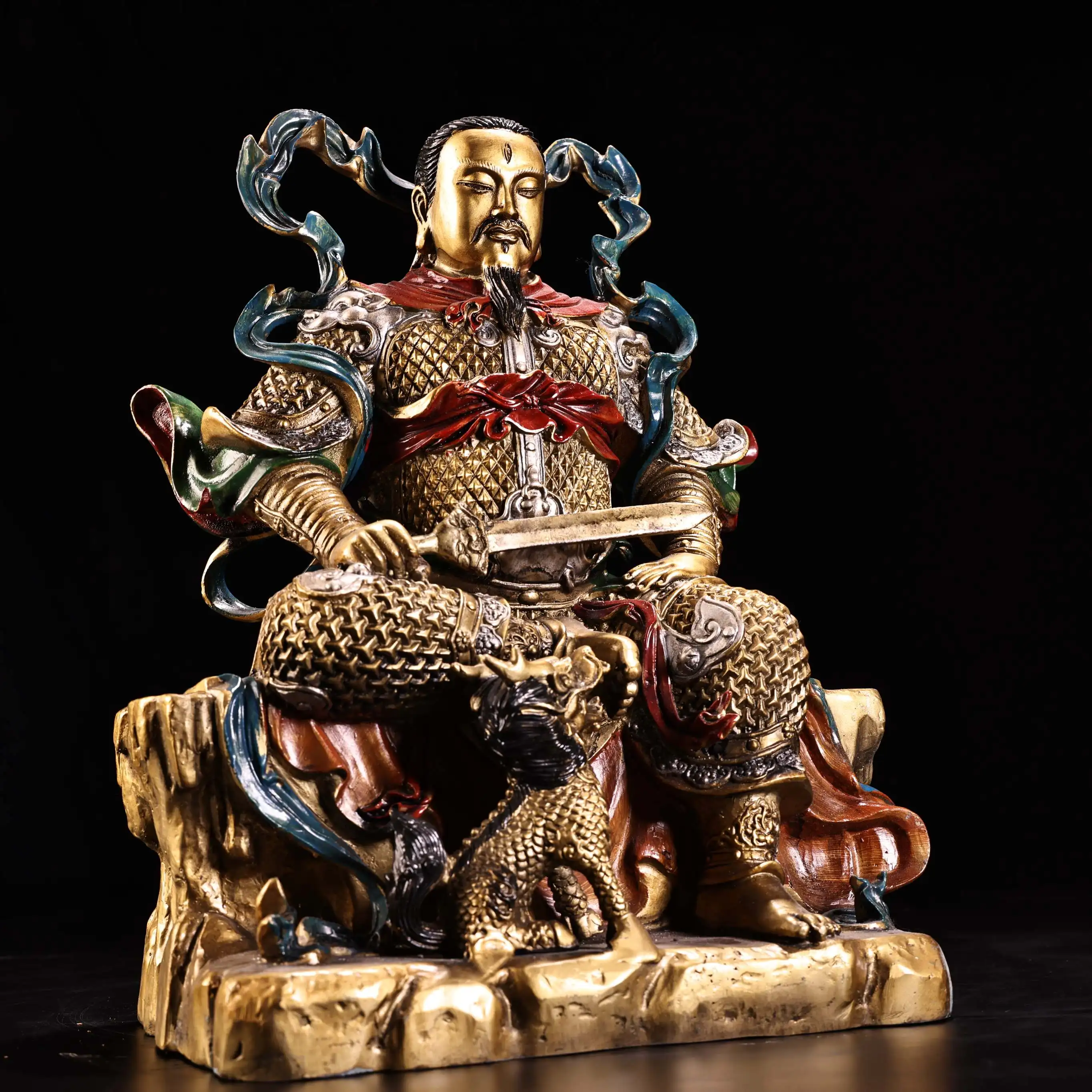 Tibetan brass gilt painted face drawing Xuanzhenwu Great Emperor Dragon Turtle God Buddha statue offering 30cm for home ornament