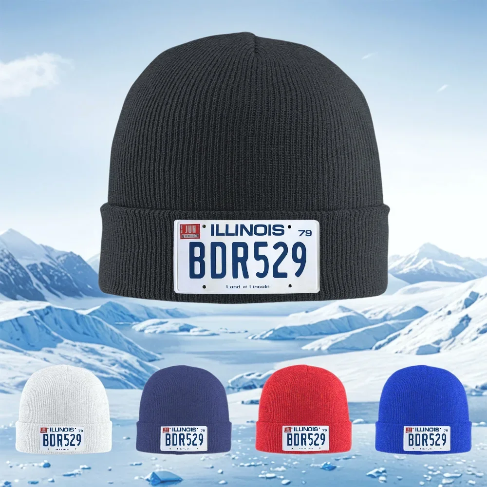 2026 Illinois license plate vintage numbers Men Women Unisex Knitted Hat Beanie Pullover Cap Winter Thermal Warm Christmas Outdo