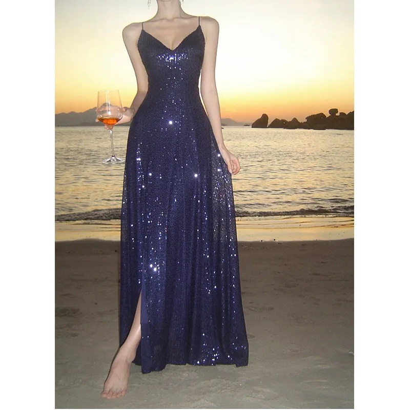 

Элегантное вечернее платье макси с V-образным вырезом, пайетками и завышенной талией для женщин, идеально для новогоднего ужина