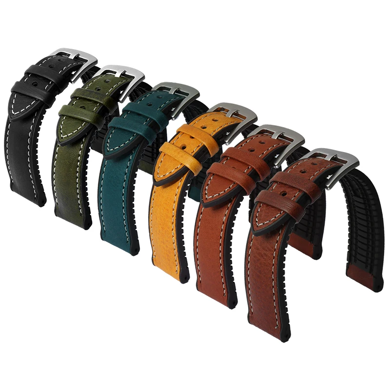 Genuine leather skin Watchband Butterfly Buckle Italy Cow Leather + Rubber Bracelet Band For TISSOT Fossil omega men Watch Strap