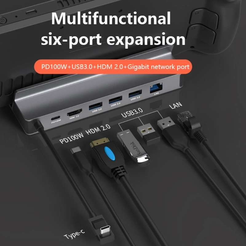 6-in-1 Docking Station USB3.0 HUB 5G for SteamDeck Dock for SteamDeck Dock Multiports HDMI2.0 4K60Hz PD100W USB C HUB