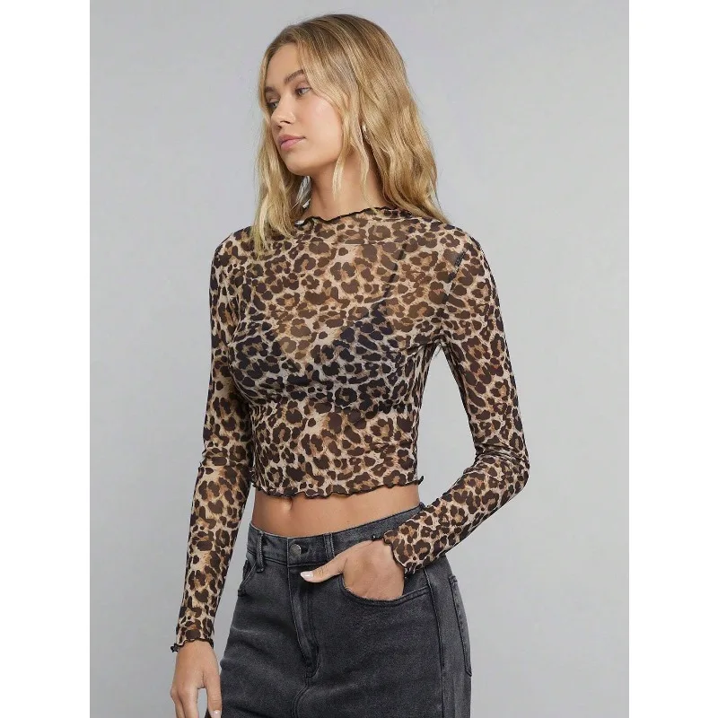 European and American 2025 New Elegant Women's Mesh Leopard Print Stand Up Collar Long Sleeved Short T-shirt Top for Women
