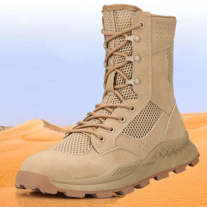 Men\'s Ultra Light Sand Combat Training Boots Mesh Wear-Resistant Camp Hiking Climbing High Top CQB Desert Sneakers Outdoor Shoes