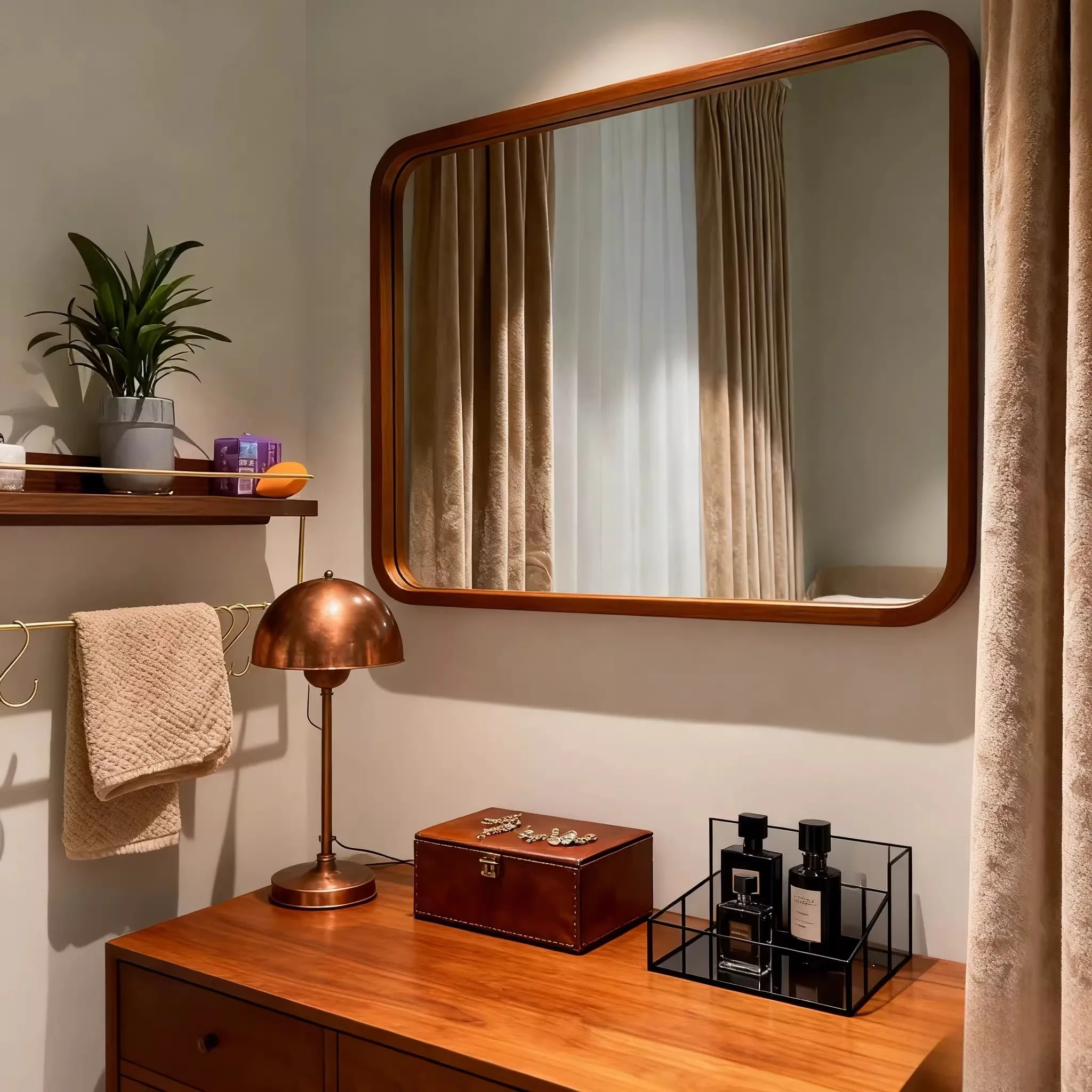 French RetroFurniture Bathroom Wall-Mounted Vanity Mirror Clothing Store Cloakroom High-Definition Walnut Wood Dressing Mirror