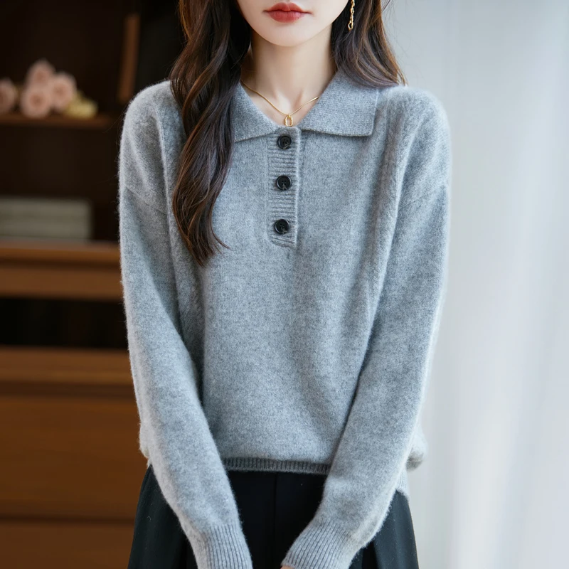 

Yoyoselect, женский пуловер с воротником-поло из 100% мериносовой шерсти, свитер с украшением на пуговицах, осенне-зимняя утолщенная кашемировая одежда