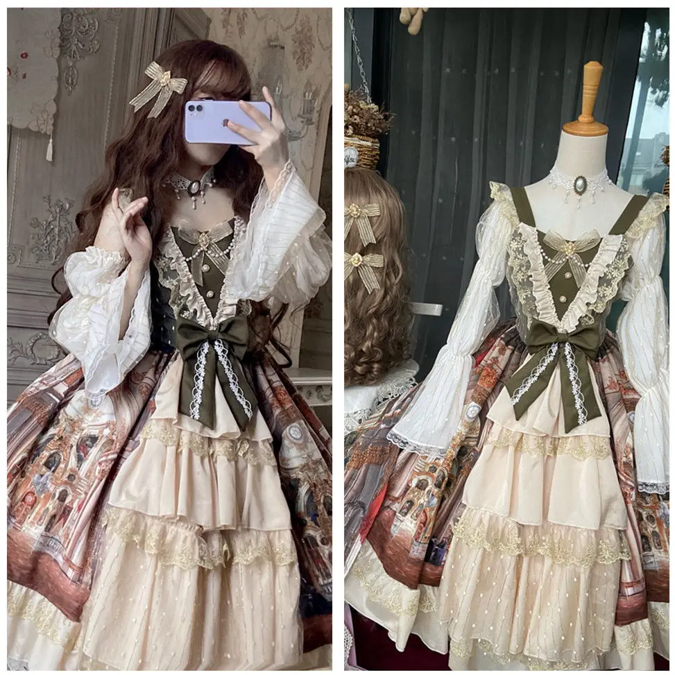 Elegant Lolita Jsk Suspender Dress Princess Palace Oil Painting Cla Ruffle Gorgeous Dress Court Style JSK Tea Paty Dress