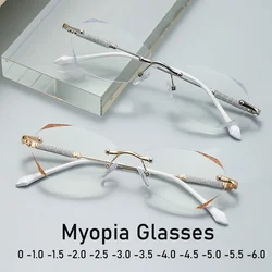 Diamond Cutting Rimless Ladies Myopia Glasses Anti Blue Light Minus Eyeglasses Finished Prescription Near Sight Eyewear Diopter