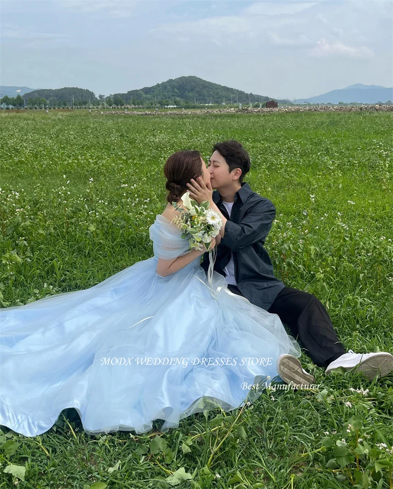 MODX Elegant Light Blue Silk Tulle Wedding Dresses Korea Photo shoot Off Shoulder Short Sleeves Garden Bridal Gowns Corset Back