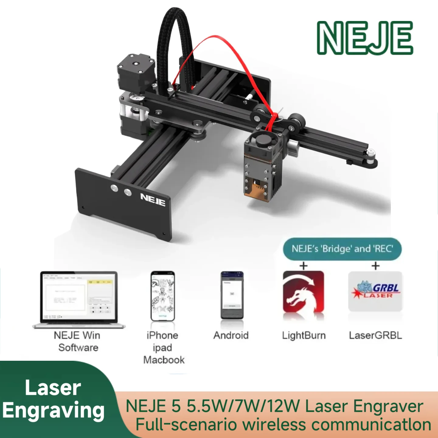 

NEJE 5 5.5W/7W/12W woodworking laser engraving machine, CNC engraving wood/stainless steel/painted metal/leather/aluminum