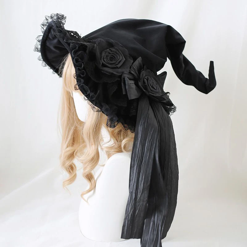 

Handmade Lolita Black Halloween Witch Lei Sibonett BNT Hat Kawaii Flower Lace Bow Bnt Headgear Women Clips Hair Accessories Girl