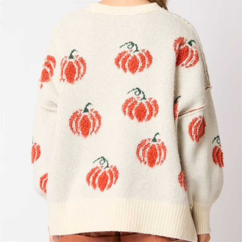 Dourbesty Women Halloween Sweaters Long Sleeve Round Neck Pumpkin Pattern Pullovers Winter Warm Jumpers for Fall Streetwear 2024