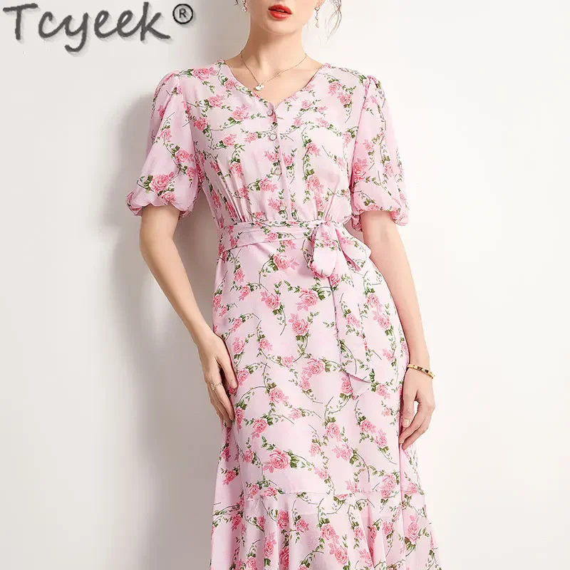 

Tcyeek 100% Real Mulberry Silk Dress 2024 Women's Midi Dress Elegant Dresses for Women Clothes Slim Fit French Dress Lace-up