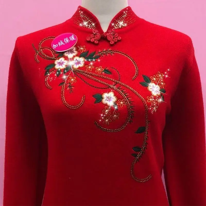 

Утепленный свитер с шифоновым воротником для мам, зимний теплый модный топ в традиционном китайском стиле, женская вязаная кофта