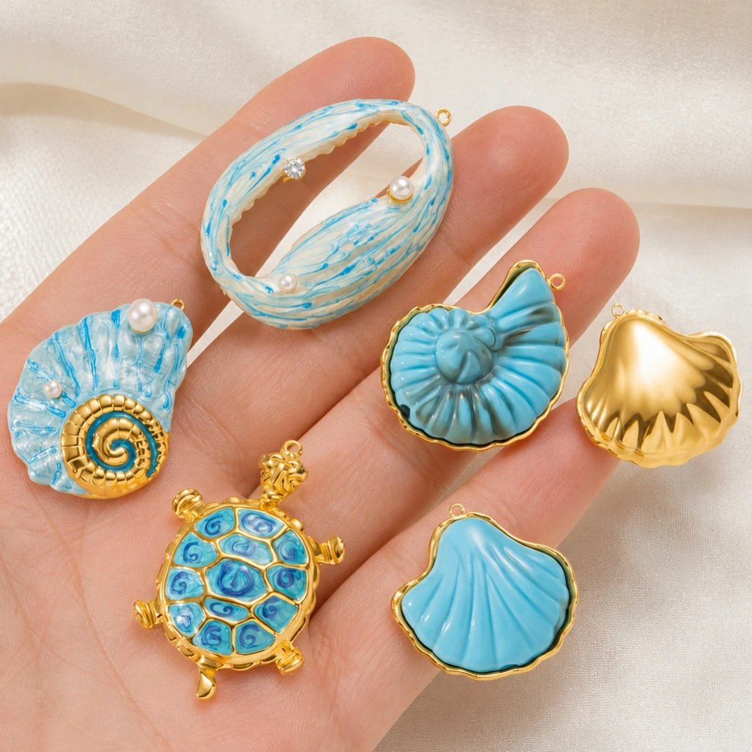Stainless Steel Enamel Blue Seashell Turtle Charms for DIY Jewelry Findings Women Necklace Pendant Earrings Making Accessories