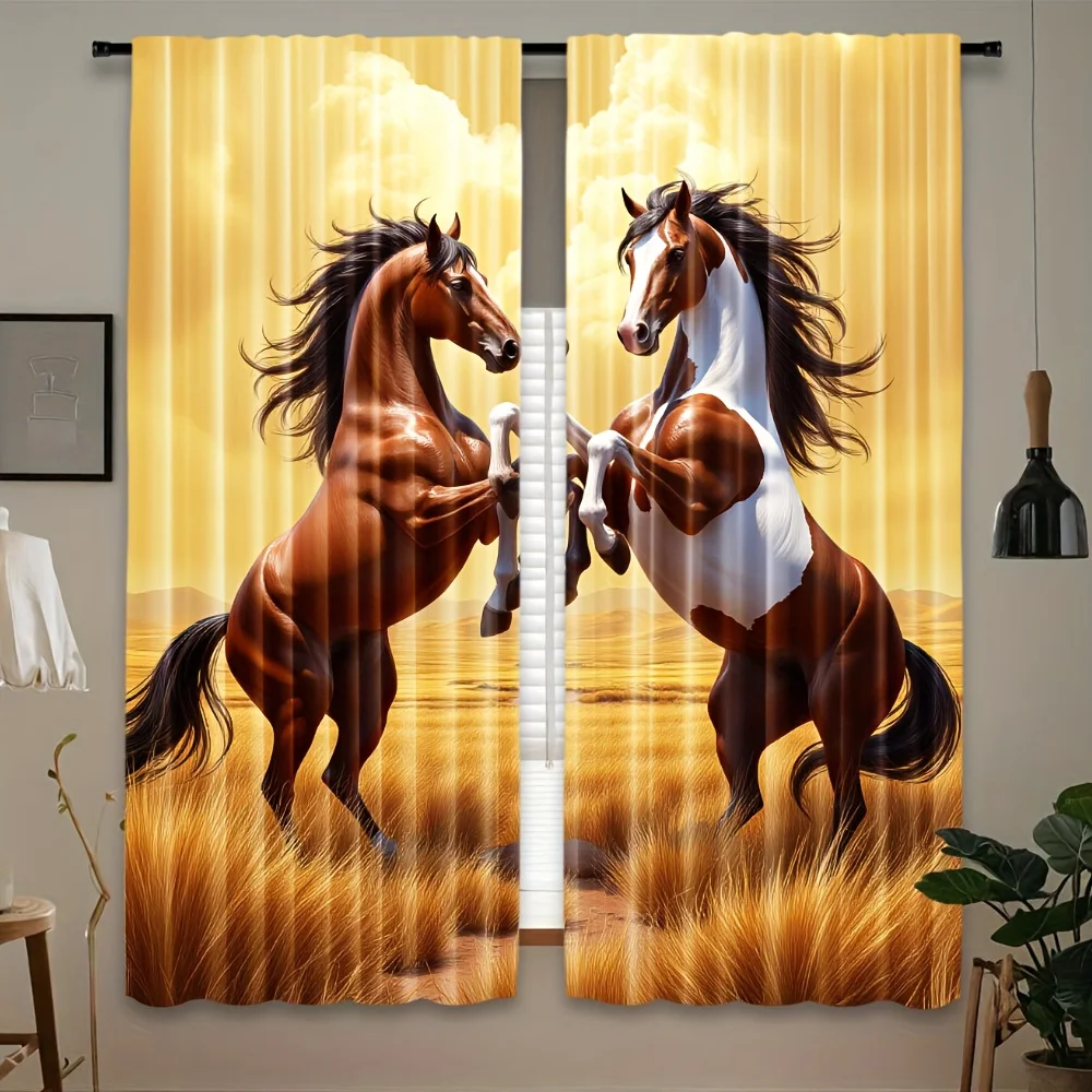Boho Animal Curtain Horse Pair Sunlit Field Window Drapes Realistic Wall Art Home Decoration for Living Room Bedroom Accent