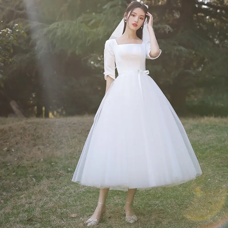 White Satin Wedding Dresses for Women Bride Formal Evening Elegant Mesh French Simple Hepburn Style Super Fairy Summer Dress