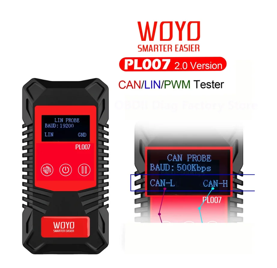 

WOYO PL007 2.0 Version CAN LIN PWM Tester Read Baud Rate Auto-recognize CAN-H & CAN-L Automotive Diagnostic Tool