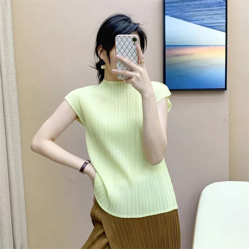 Miyake  Ruffled Top Women Wrap Sleeve Vest Summer T-Shirt Comfortable Casual Slim and Skinny