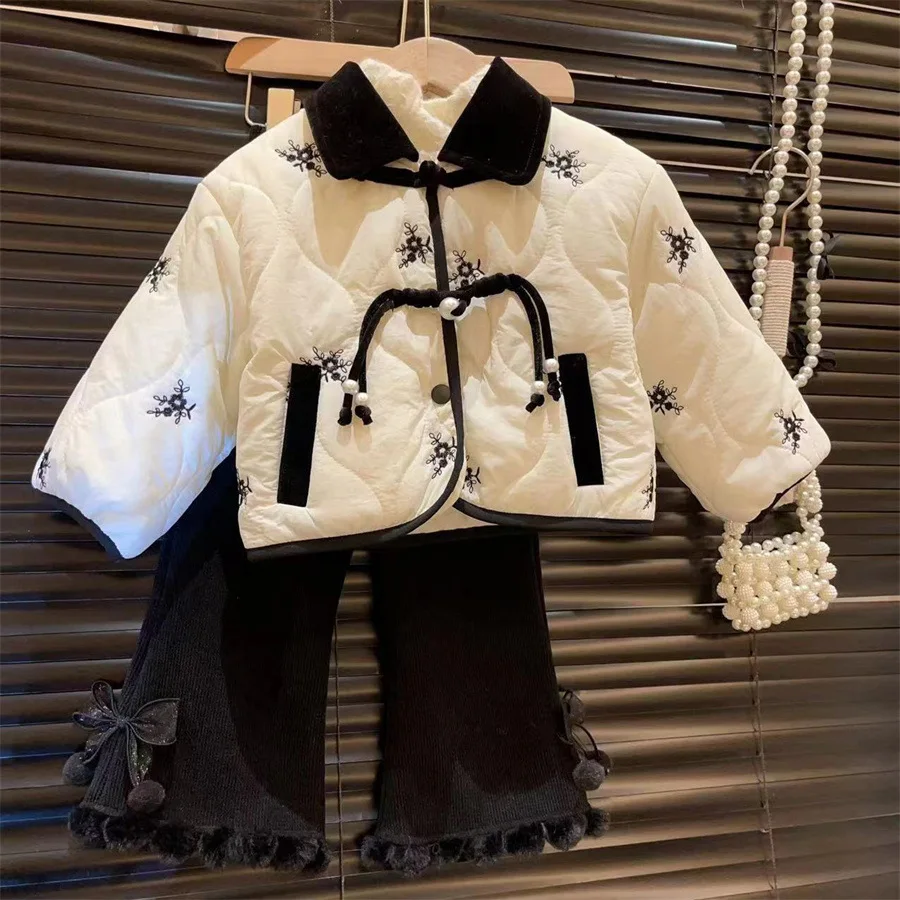 Overcoat New Girl Loose Coat Autumn Winter Baby Childrens Clothing Retro Style Cotton Thick Turn Down Collar 2024 Fashion