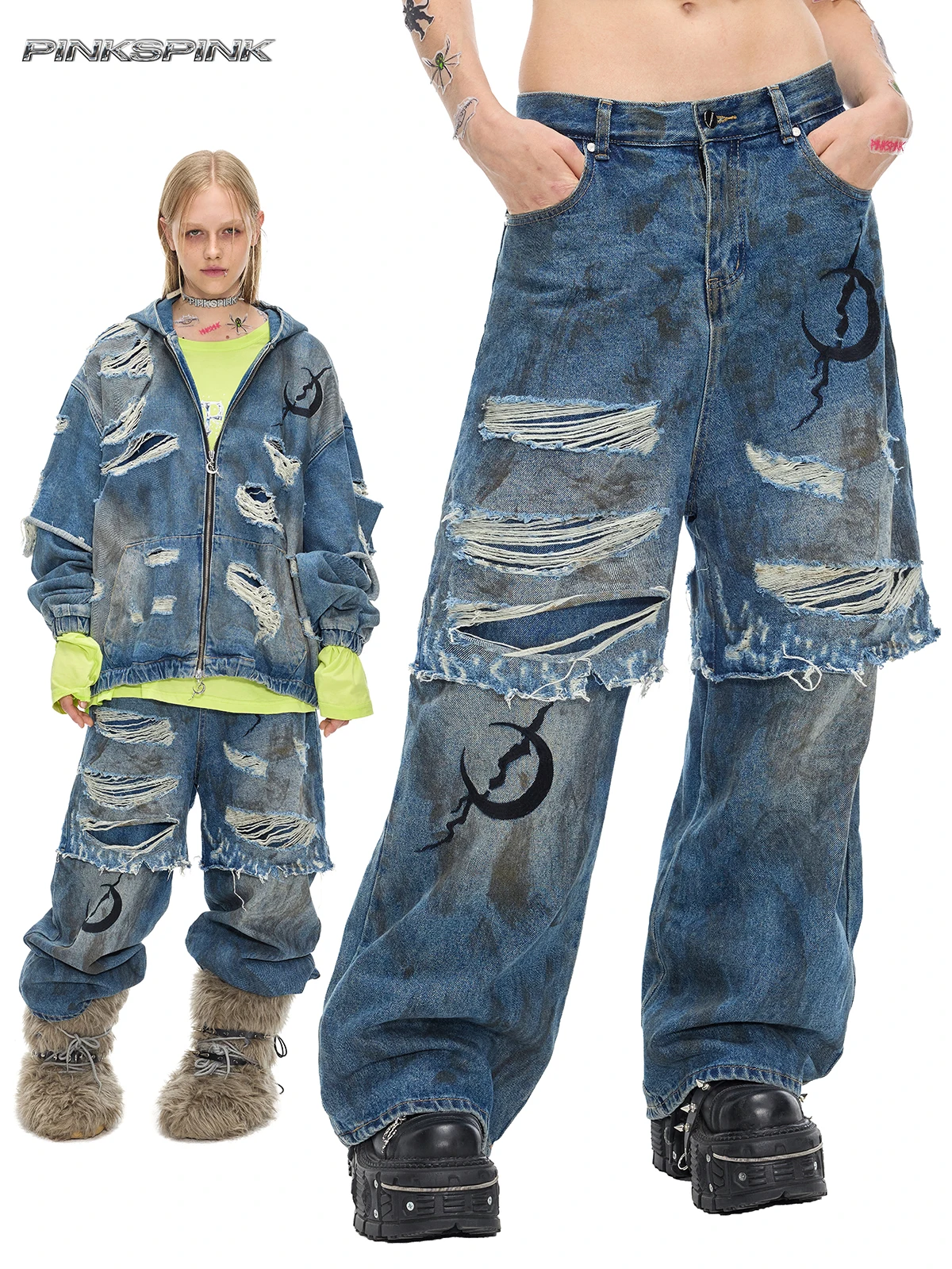 PINKSPINK Original  Moon Destruction Loose Y3K Double Layered Denim Jeans Low Waist Cotton Button Closure Punk Series