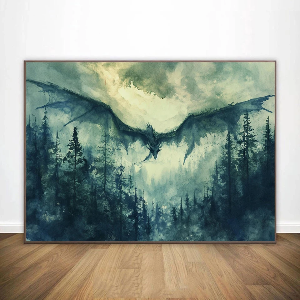 Watercolor Forest White Green Dragon Poster Print Fantasy Canvas  Painting Dark Academia for Living Room Home Decor Cuadros