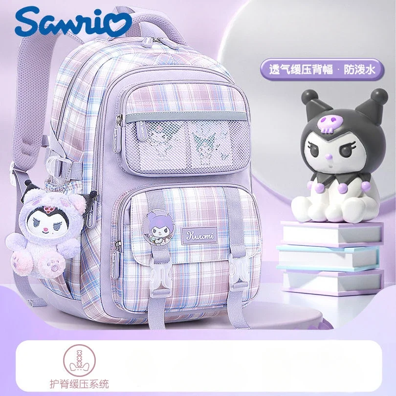 Sanrio Schoolbag para estudante da escola primária, grande capacidade, leve, proteção da espinha infantil, Kuromi Nylon, mochila impermeável