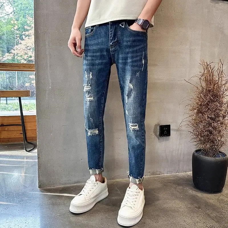 

Ripped Hole Blue Men's Casual Spring and Autumn Denim Jeans with Hole Pencil Pants Water Washed Blue Color Korean Style Clothes