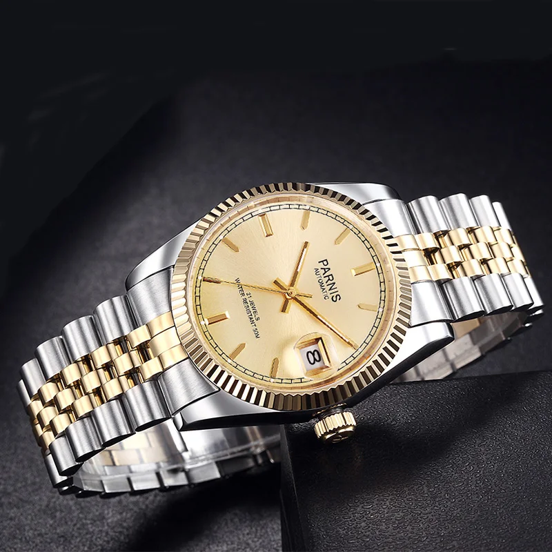 Parnis 36mm Full Gold Men Mechanical Automatic Watch Women Sapphire Crystal Luxury Sports Watches reloj hombre Man Clock 2023