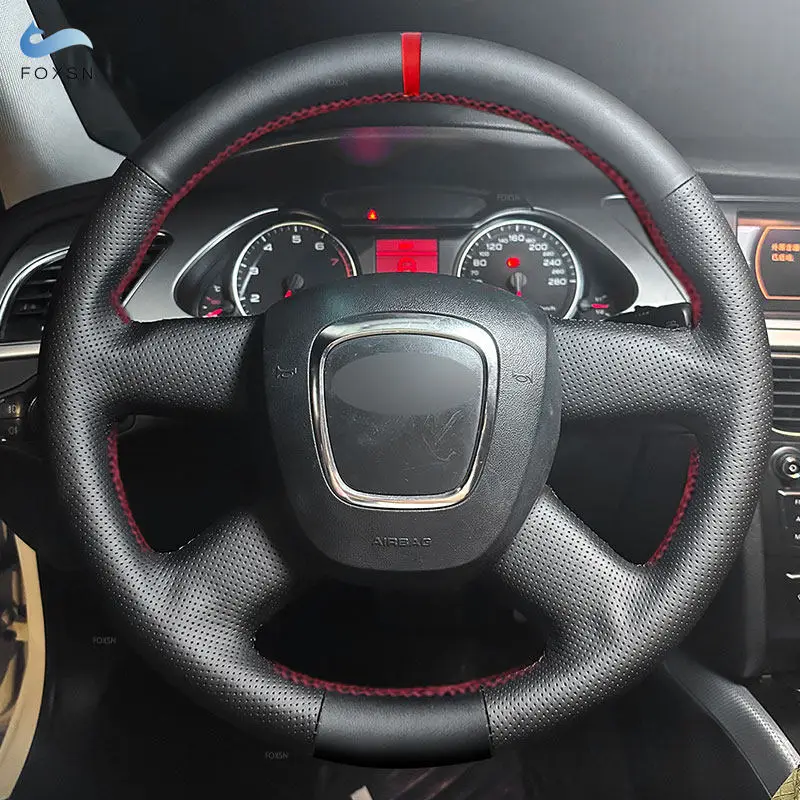 For Audi A3 8P Sportback A4 B8 A5 8T A6 C6 A8 D3 Q5 8R Q7 4L 4-Spoke no button Car Steering Wheel Cover Leather Trim red strip