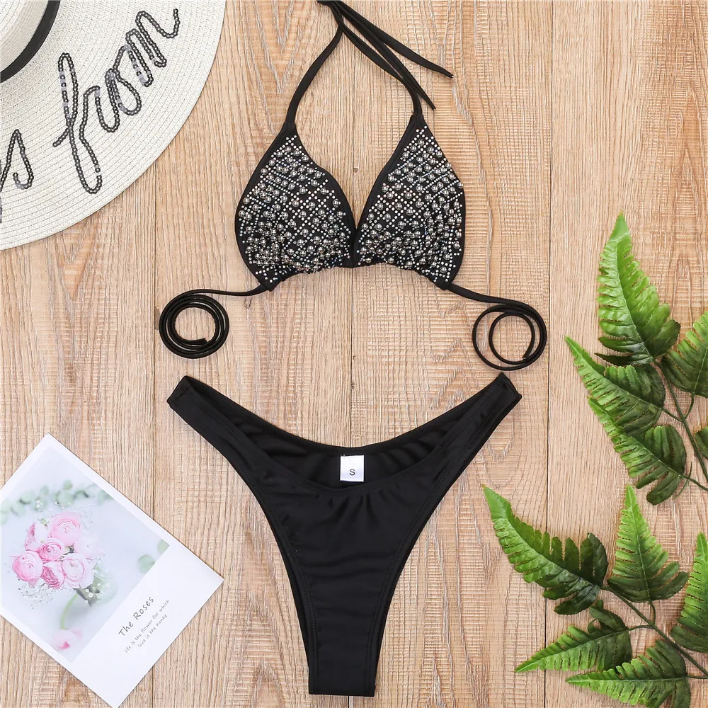 sexy glitter rhinestone pearl bikinis sets two pieces halter tie swimsuits bathing suit swimwear beach outfits biquini tankini