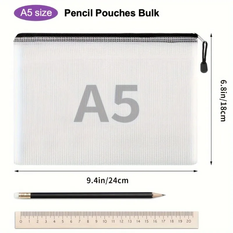 5PCS A5 Mesh Zipper File Bag Creative Student Stationery Waterproof Pen Bag Office Transparent Data Bag Bill Storage Bag image 3