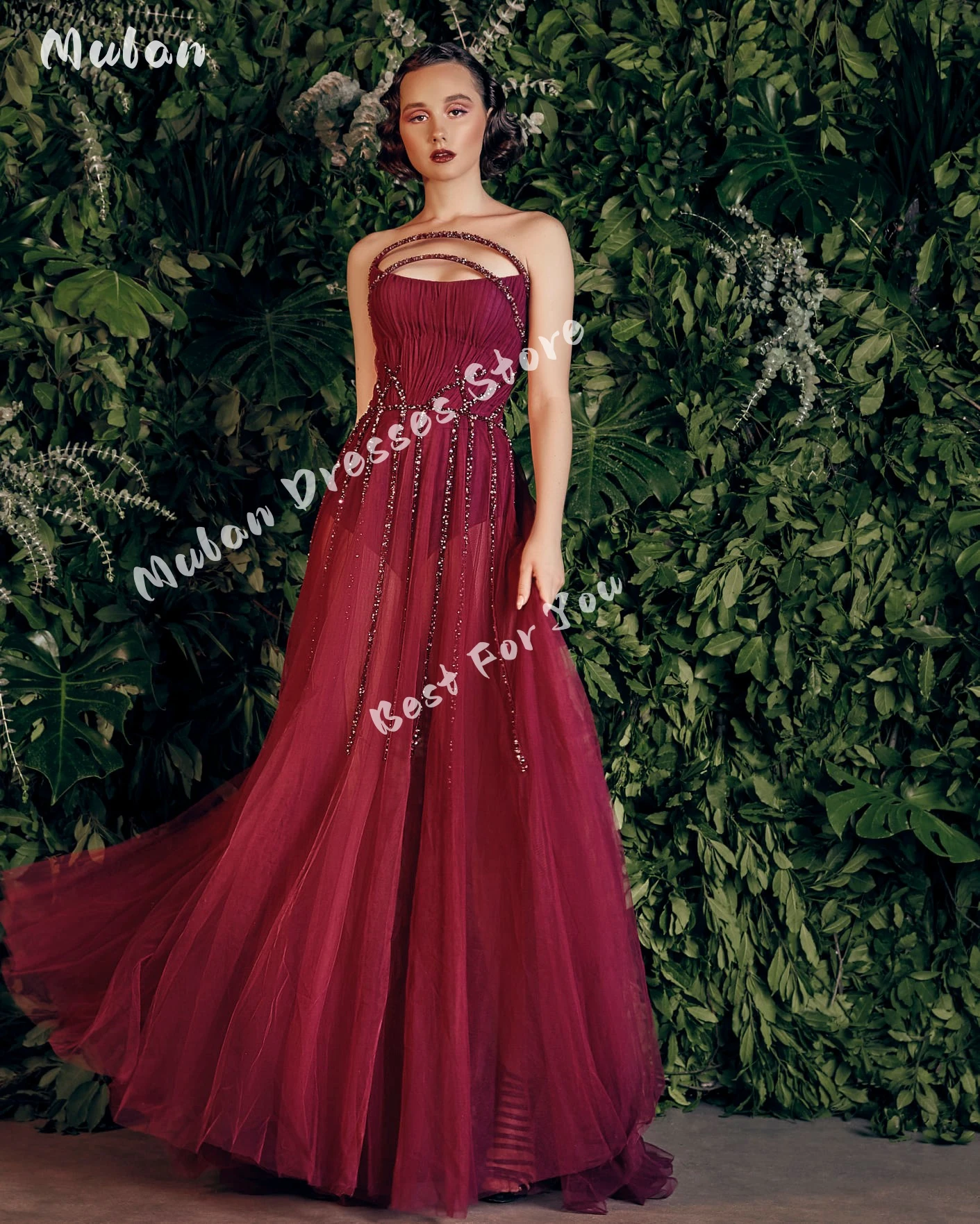 

Strapless Pleated Beaded Sequins Evening Dresses Burgundy Sleeveless A-line Backless Prom Dresses 2024 Newest Formal Party Gown