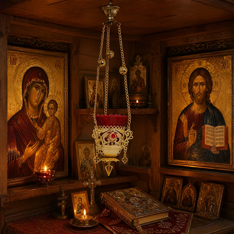 New Orthodox Hanging Vigil Lamp Gold Filigree Red Glass Bell Chain Candle Oil Holder Gem Church Holy Byzantine Christian Gift