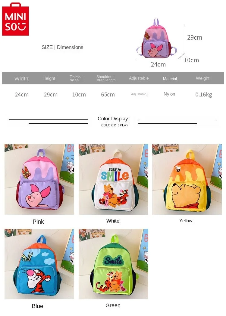 MINISO Disney Cartoon Cute Winnie the Pooh Trwały, lekki plecak dziecięcy o dużej pojemności do przechowywania w przedszkolu