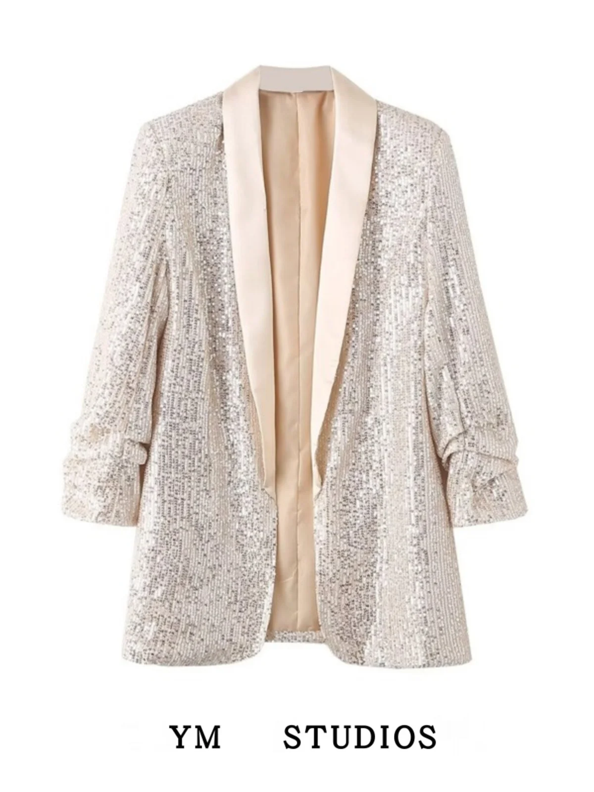 

American Sle Spring Heavy Silver Sequin Suit Ins Sle Small ence No Button Pleated Open Cardigan Trendy Women's Suit