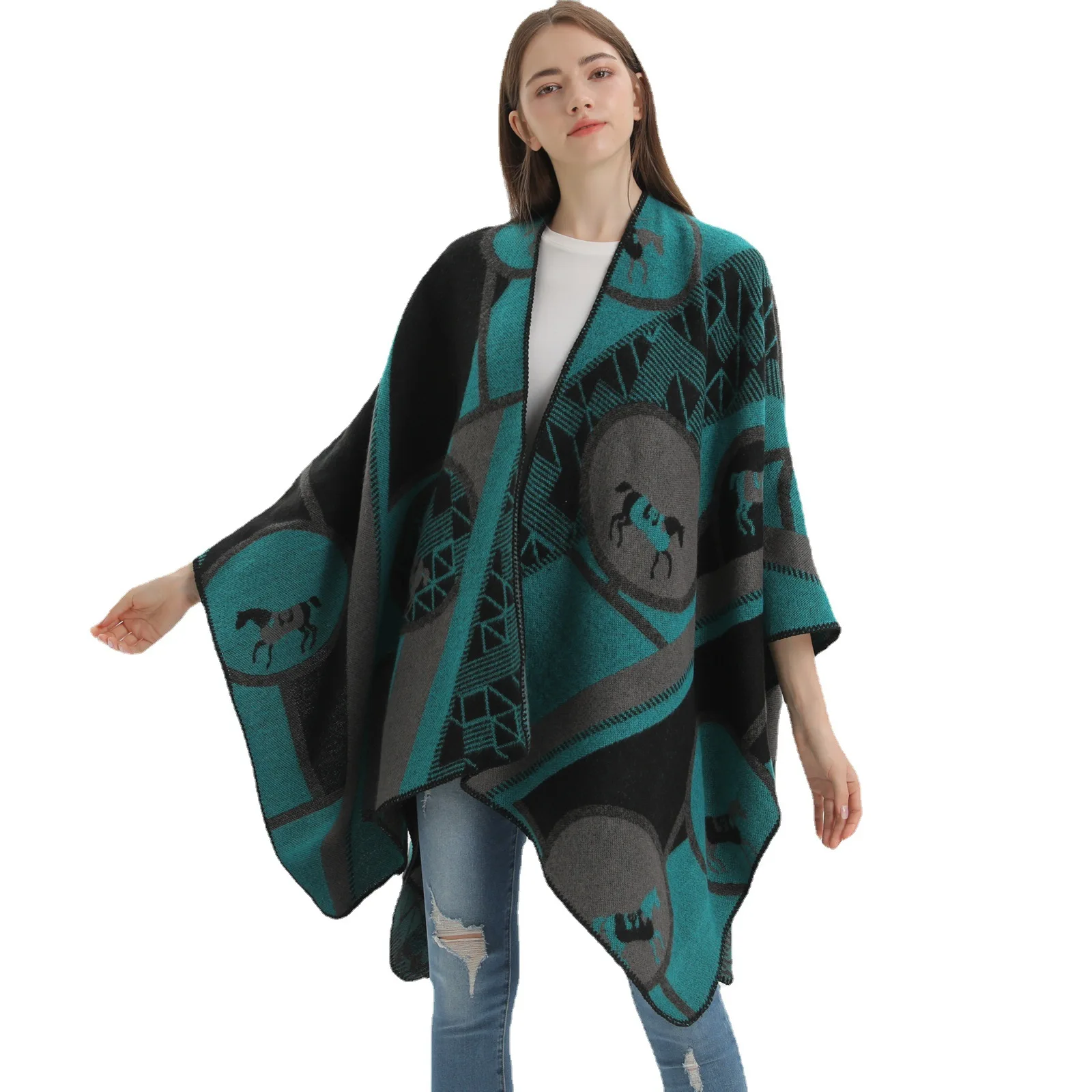 Poncho Warm Shawl European and American Women's Thickened Imitation Cashmere Split Cape Capes Cardigan Lady Coat Cloak