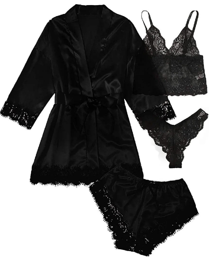 Women's Sleepwear Four-Piece Set Sexy Lingerie plus Size Lace Strap Nightgown Ensemble Adult Toy for Romantic Intimacy