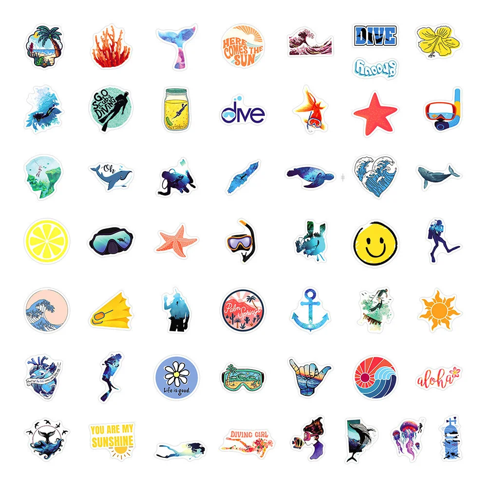 10/30/50PCS Summer Diving Cartoon Graffiti Waterproof Sticker Creative Decoration Trend Refrigerator Skateboard Guitar Wholesale