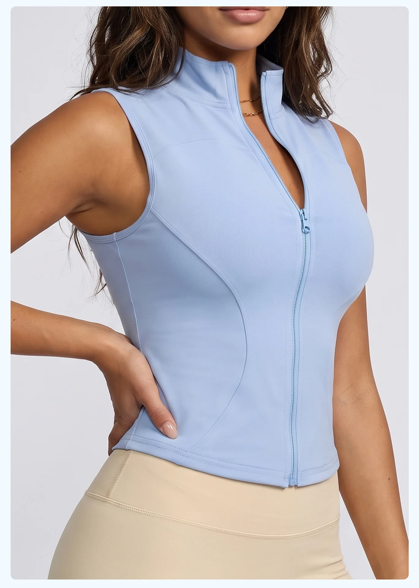 Women Sleeveless Yoga Vest Stand Collar Full Zip High Stretch Slim Fit Breathable Running Gym Workout Fitness Sports Tank Top