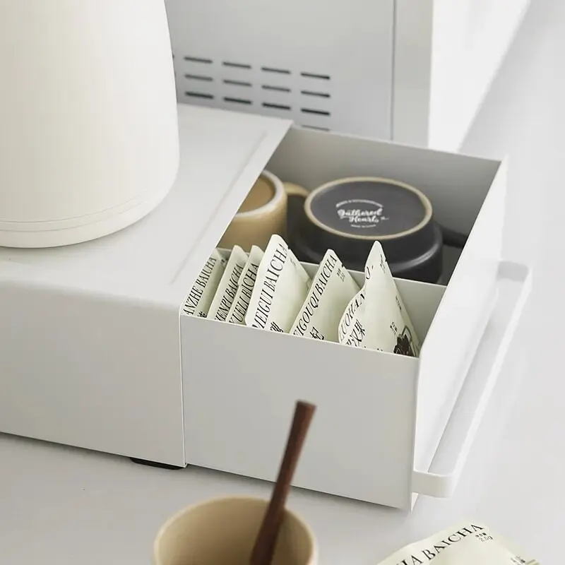 Metal Coffee Machine Table with Drawer Water Bar Base Storage Racks Capsule Coffee Cup Dust-Proof Storage Box Tabletop Holders