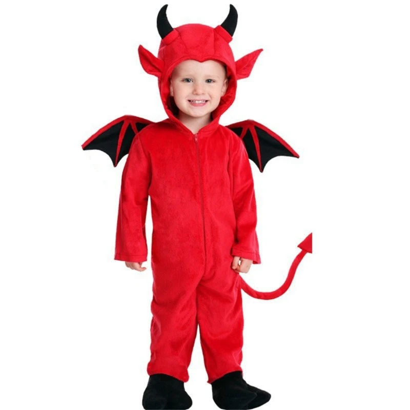 Child Halloween Devil Costume Hooded Bat Jumpsuit with Wing Halloween Devil Costume Front Zippered Bat Jumpsuit Costume