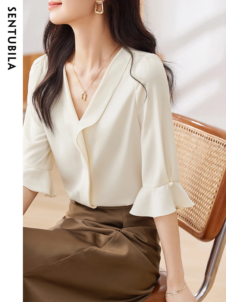 SENTUBILA New Office Lady V Neck Chiffon Blouses Women 2024 Autumn Elegant Half Sleeve Pullover Blouse Temperament Top 133V49712