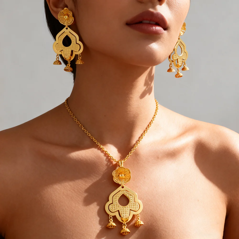 

18K Gold Plated stainless steel jewelry high quality Necklace and earrings set accessory Daily Gift drop shipping