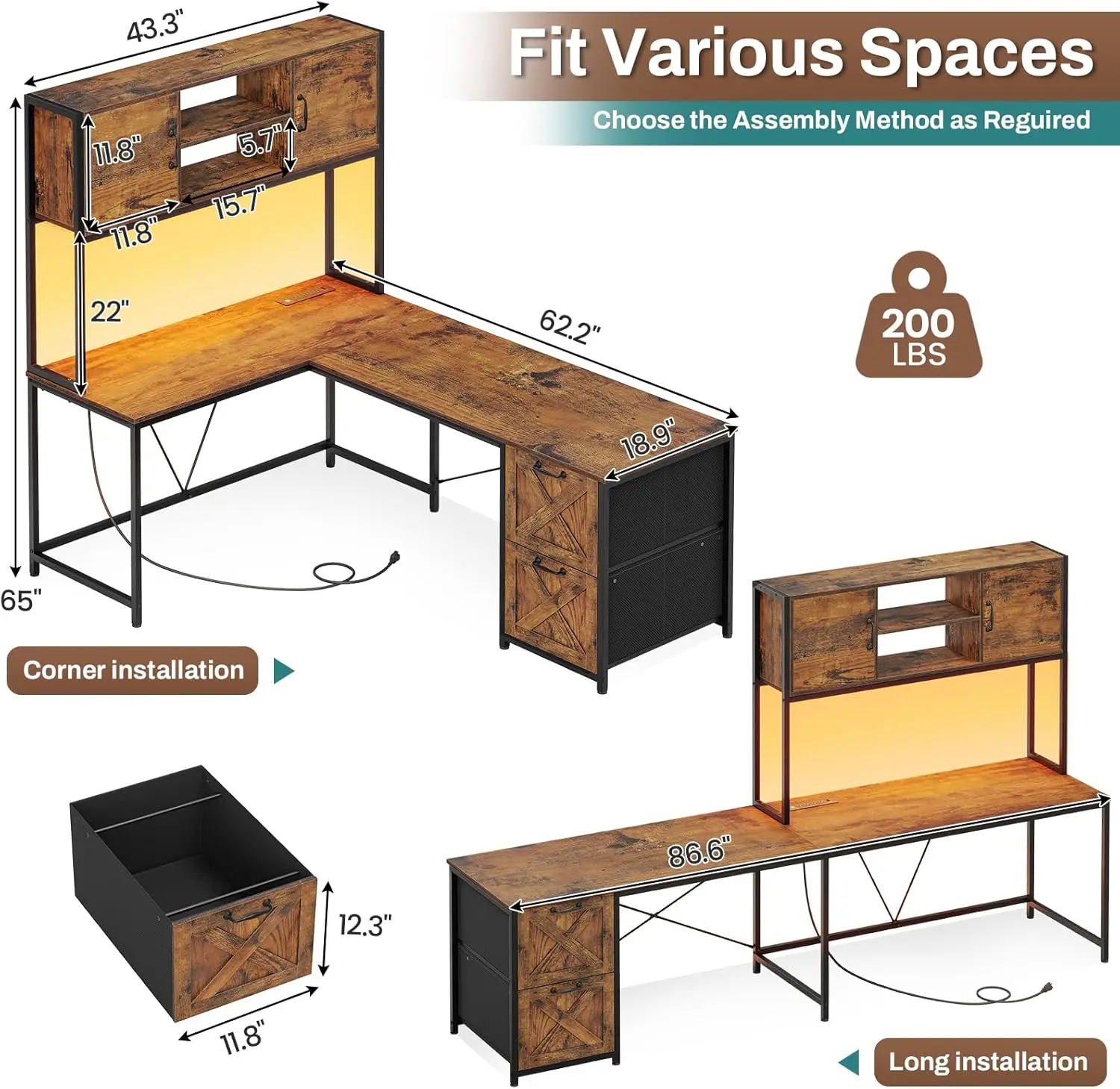 SEDETA L Shaped Desk with Drawers, 62.2