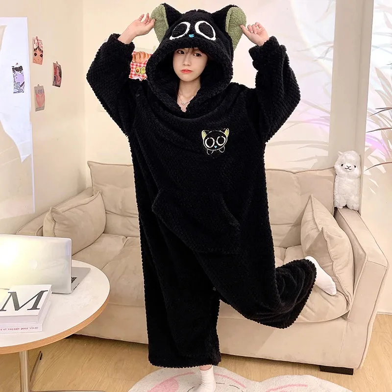 

Winter Pajamas Jumpsuits Women Coral Fleece Sleepwear Onesie Cartoon Korean Warm Thicken Pyjamas Hooded Loose Home Clothing