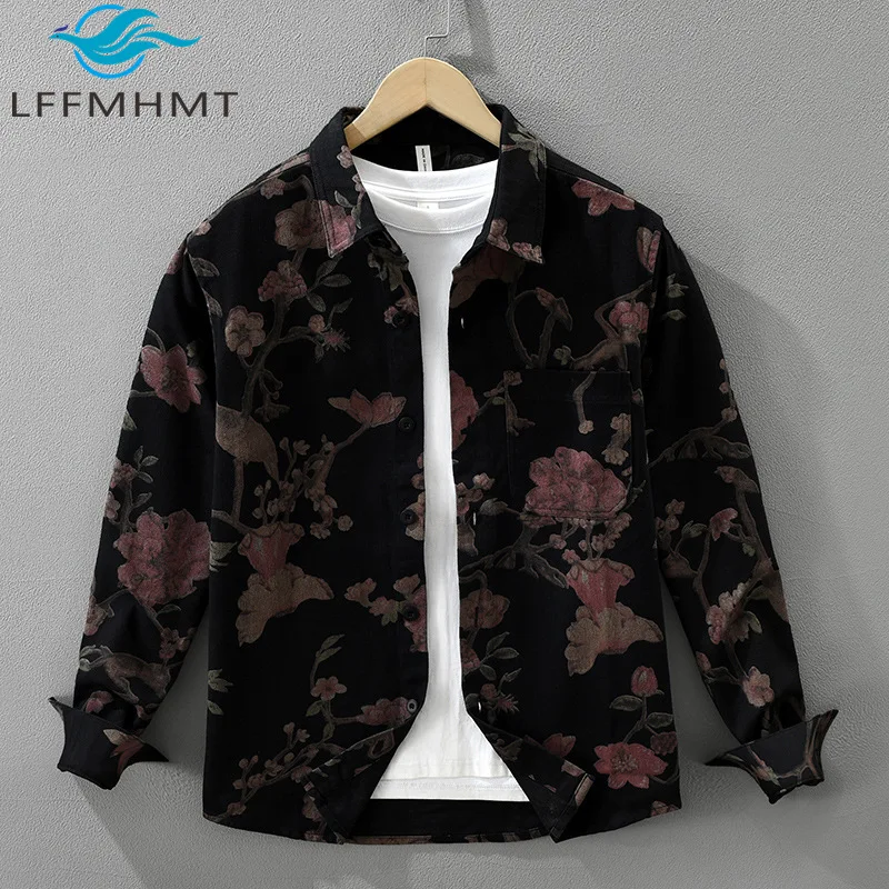 

Мужская рубашка в японском винтажном стиле с принтом, длинный рукав, хорошее качество, смесь хлопка, свободный крой, уличная одежда, повседневные топы для мужчин