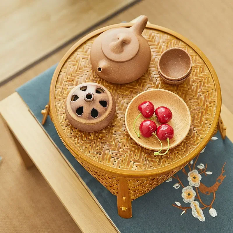 Japanese Tea Ceremony Storage Basket Handmade Bamboo Weaving Tea Table Multifunctional Organizer Box With Cover Fruit Tray