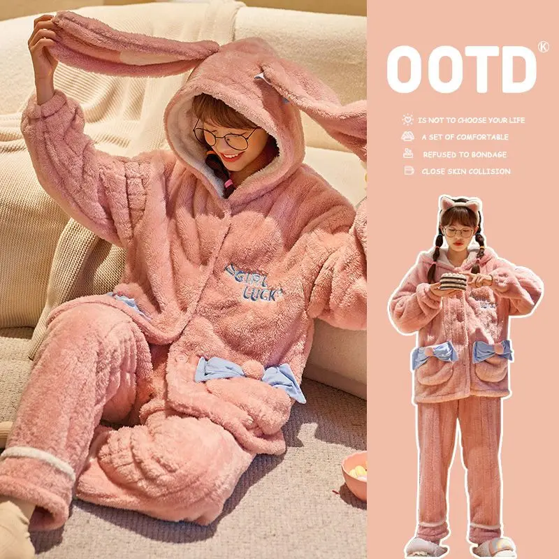 

winter new model Women's pajamas suit fleece-lined Comfortable Sleepwear thicken coral fleece flannel Cotton Pajama Set homewear